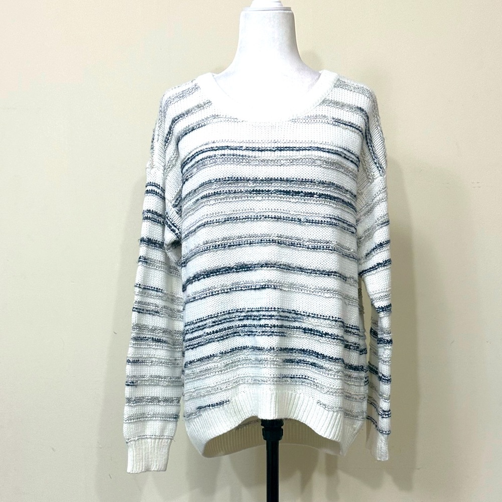 NEW Calvin Klein Jeans White Navy Blue Grey Stripe Crew Neck Pullover Sweater XL